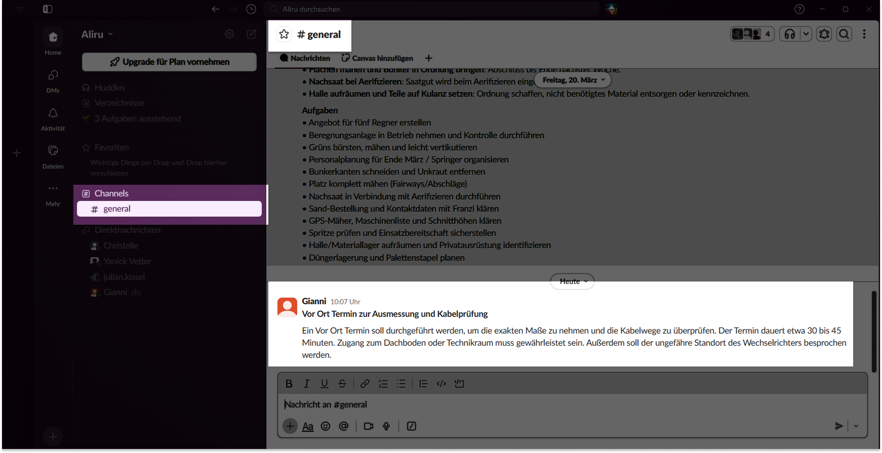 Slack-Kanal mit der geposteten Nachricht