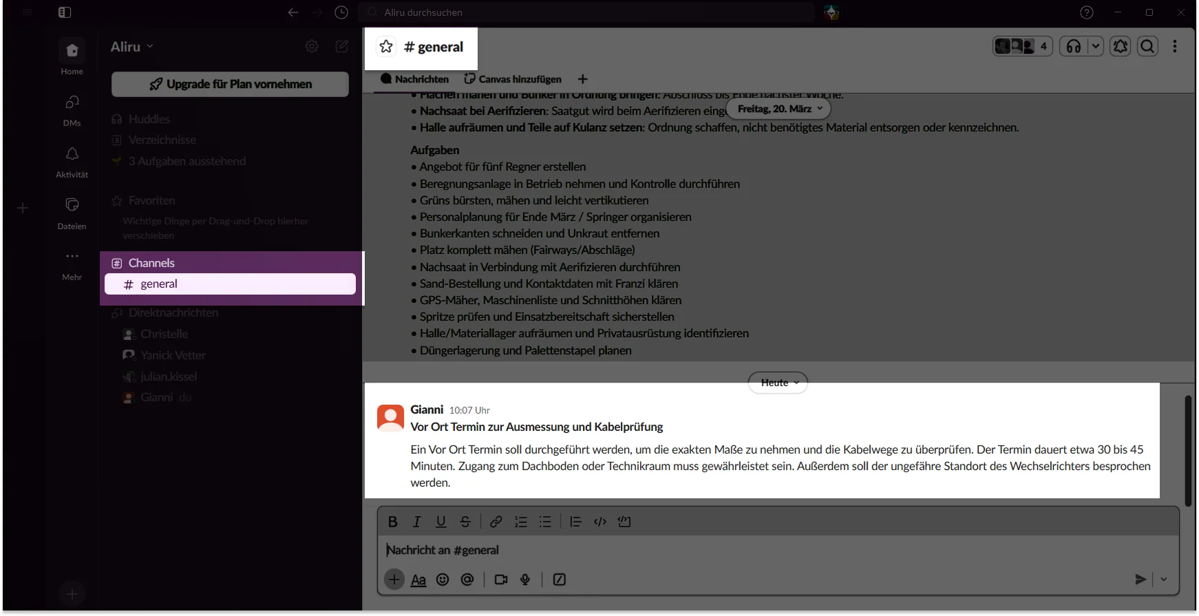 Slack-Kanal mit der geposteten Nachricht