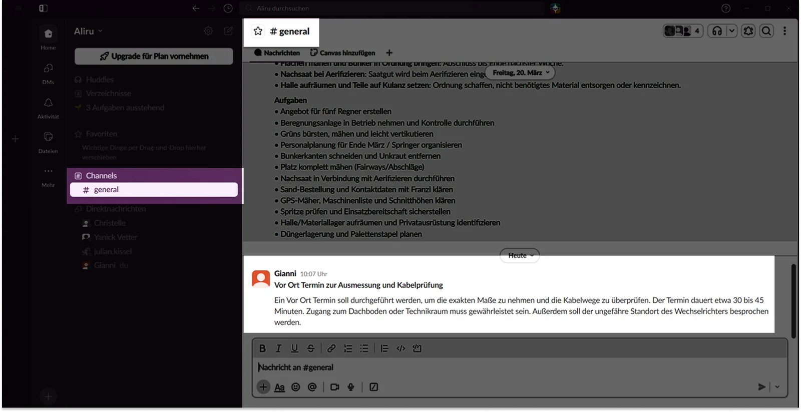 Slack-Channel general mit der geposteten Nachricht aus Sally