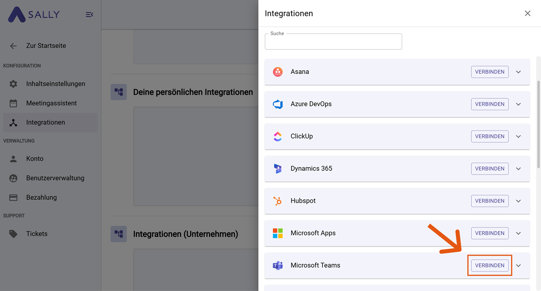 Microsoft Teams im Integrationsmenü mit Verbinden-Button