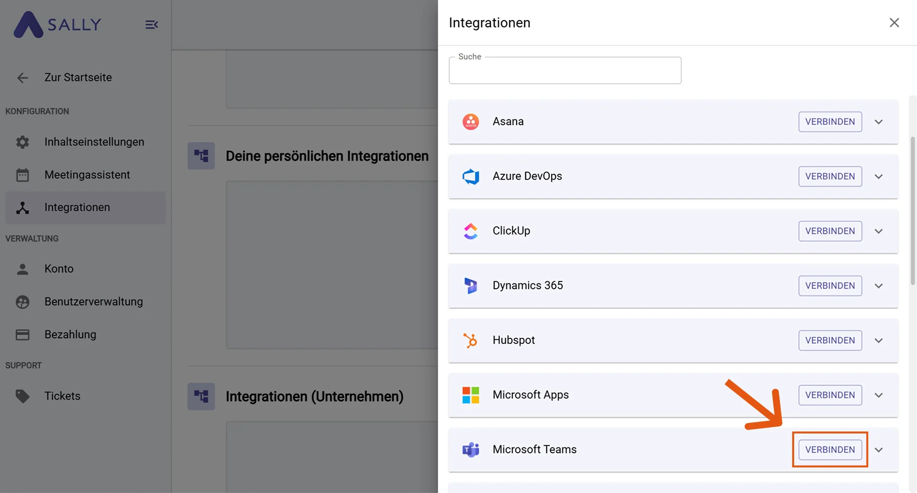 Microsoft Teams im Integrationsmenü mit Verbinden-Button