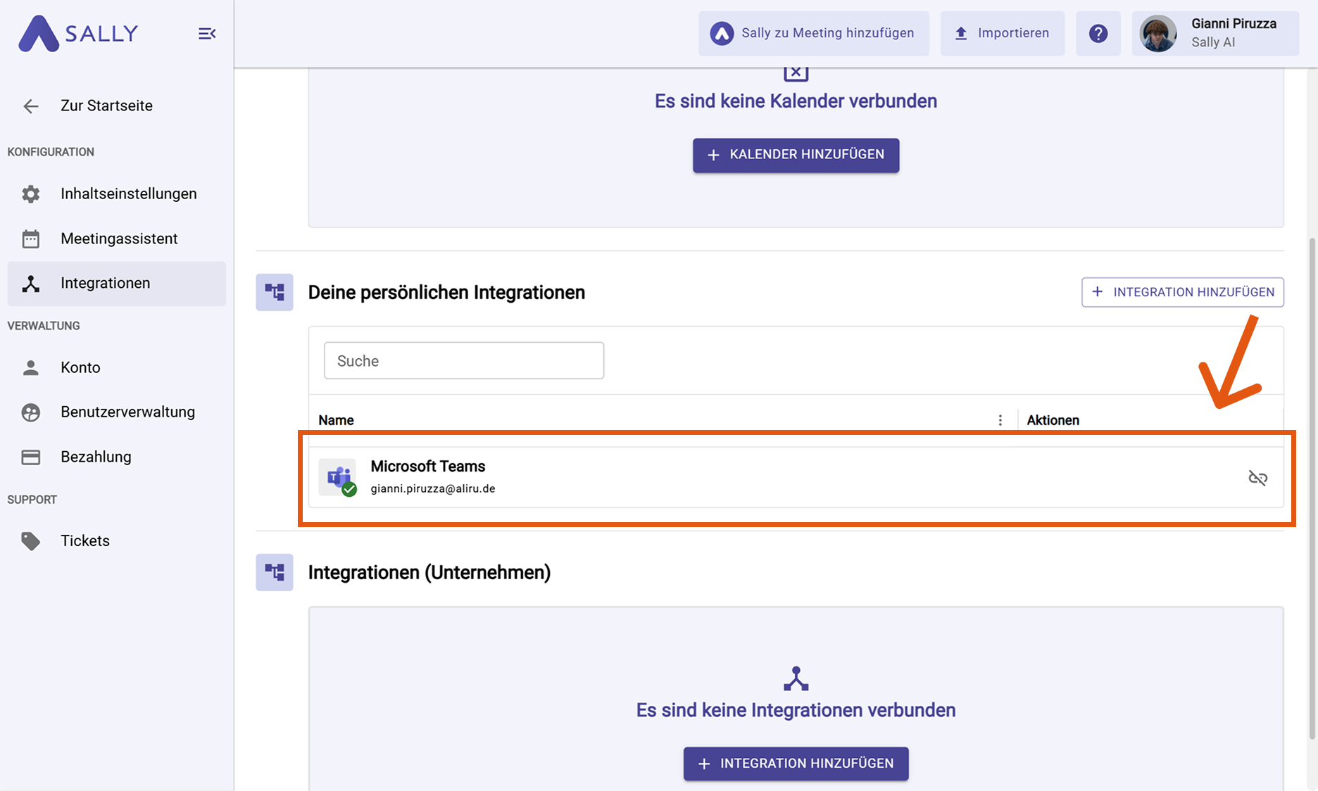 Microsoft Teams unter deinen persönlichen Integrationen aufgelistet