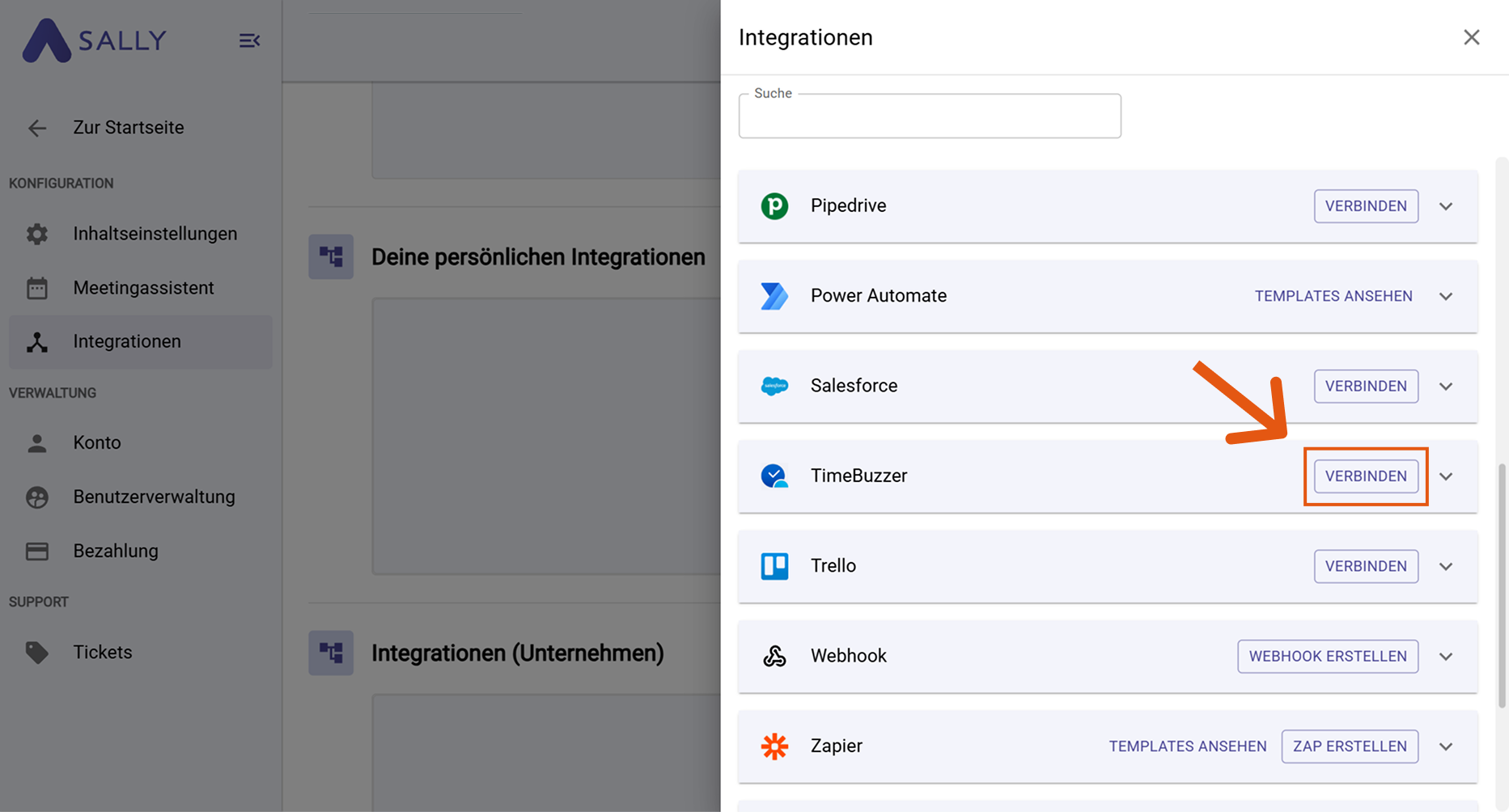 timeBuzzer im Integrationsmenü mit Verbinden-Button