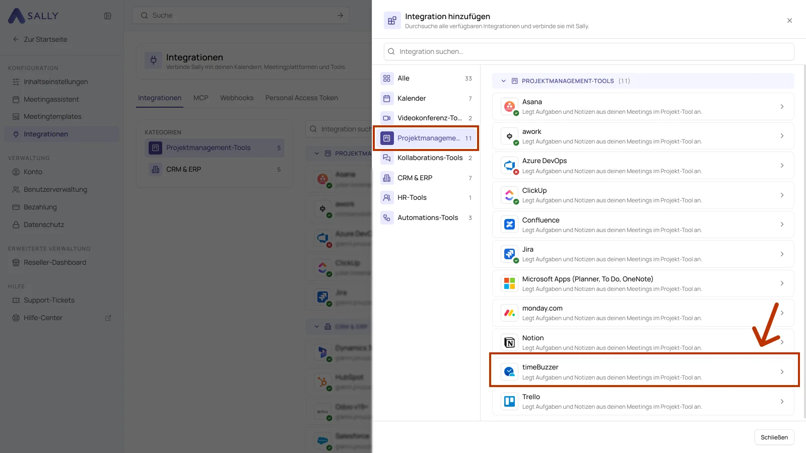 Bereich Integration hinzufügen mit der Kategorie Projektmanagement-Tools und markiertem Eintrag timeBuzzer