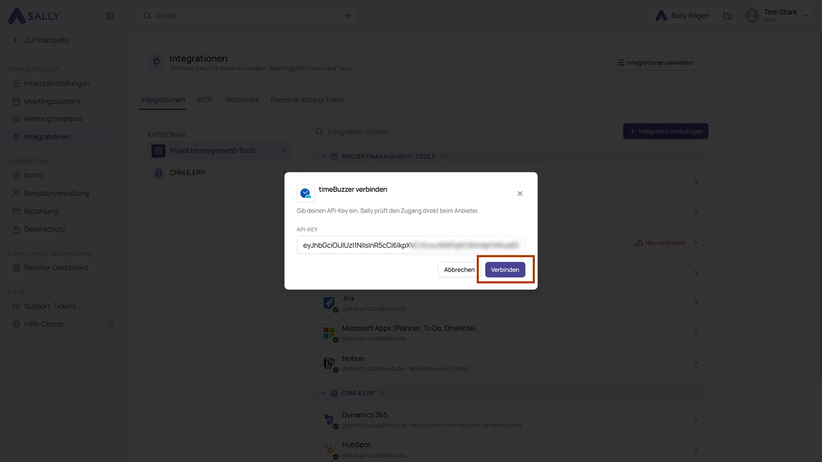 Dialog timeBuzzer verbinden mit dem Feld API-Key und dem markierten Button Verbinden