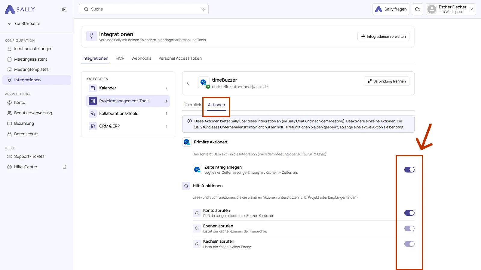 Reiter Aktionen der timeBuzzer Integration mit den Schaltern der primären Aktion und der Hilfsfunktionen