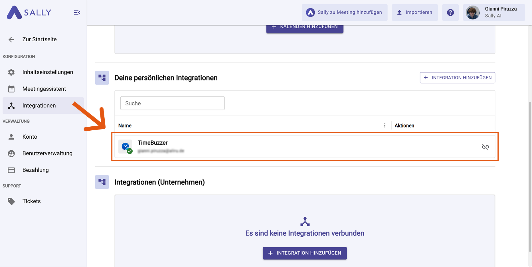 timeBuzzer unter Deinen Integrationen gelistet