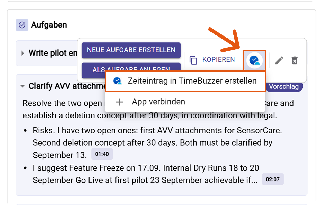 timeBuzzer Aktionsmenü mit Zeiteintrag erstellen