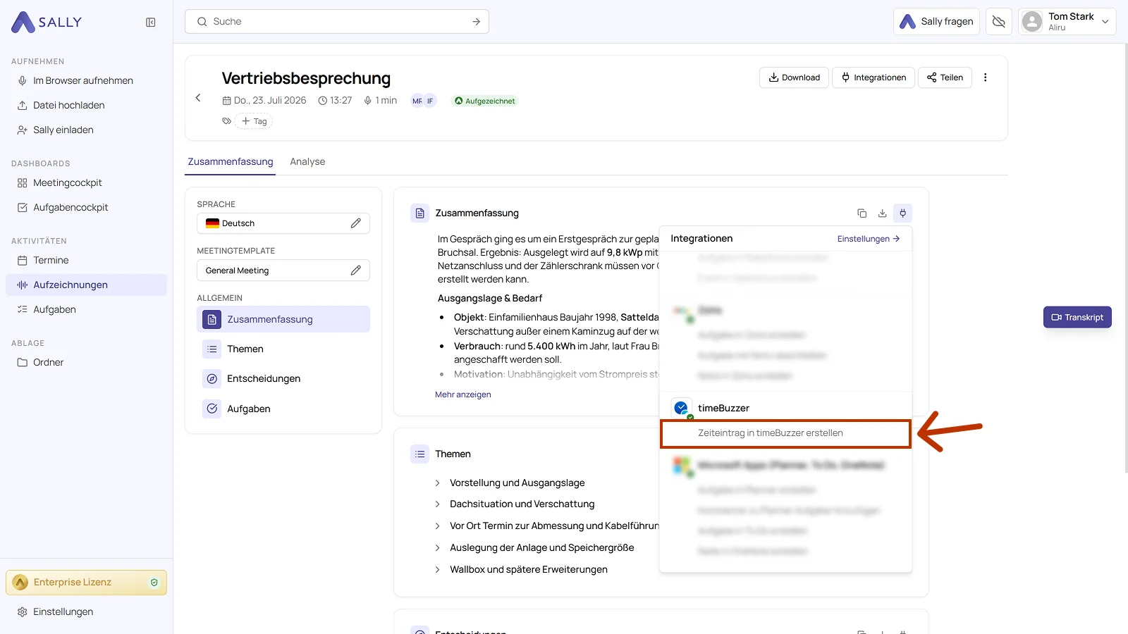 Aufzeichnung mit geöffneter Liste der Integrationen und der markierten timeBuzzer Aktion