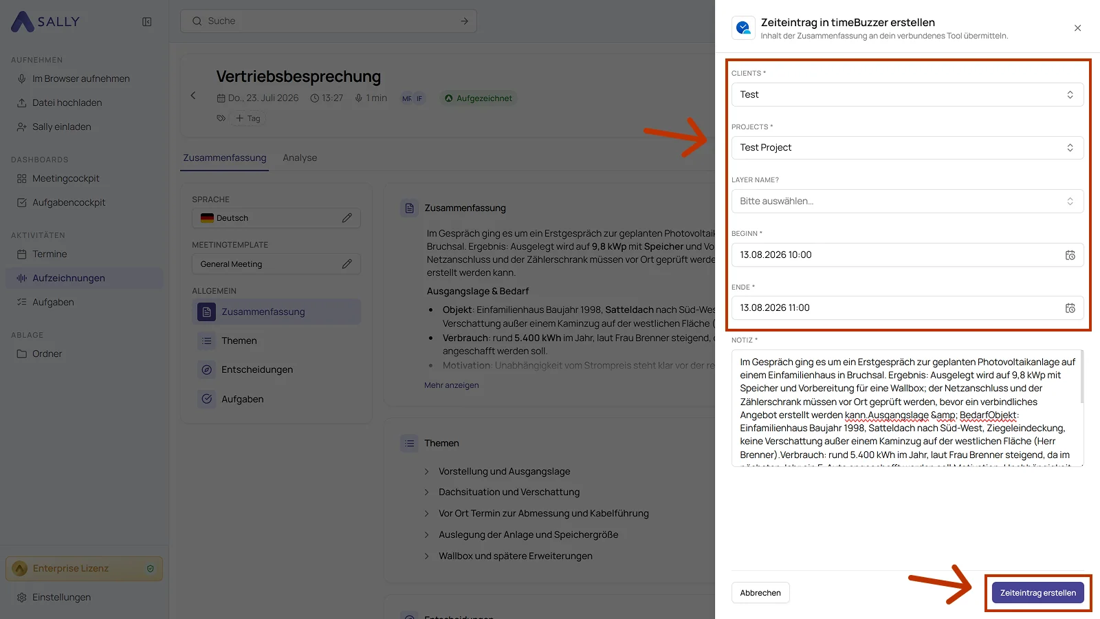 Dialog Zeiteintrag in timeBuzzer erstellen mit Clients, Projects, Layer Name, Beginn, Ende und Notiz