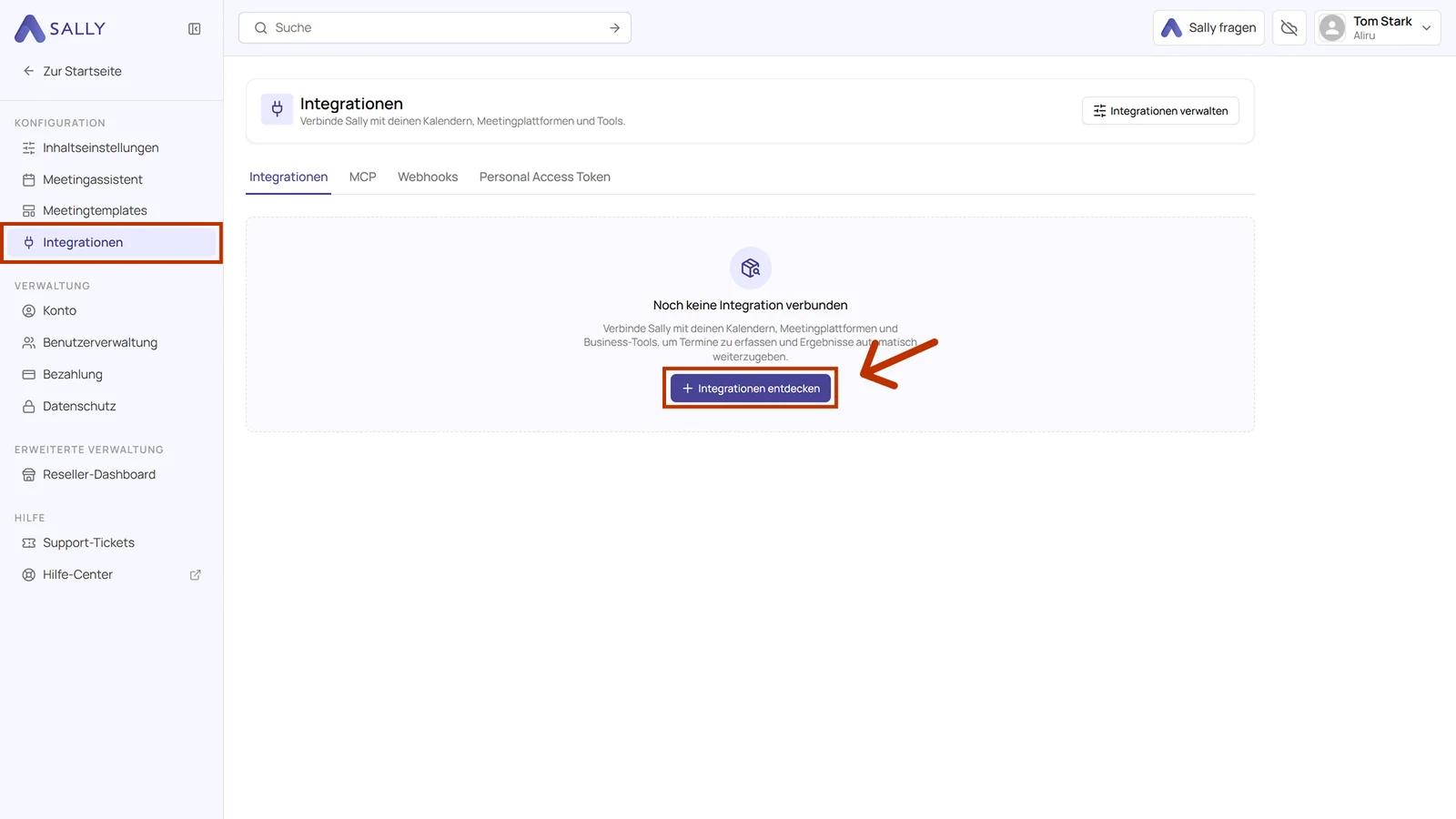 Integrationsseite von Sally ohne verbundene Integration und mit dem Button Integrationen entdecken