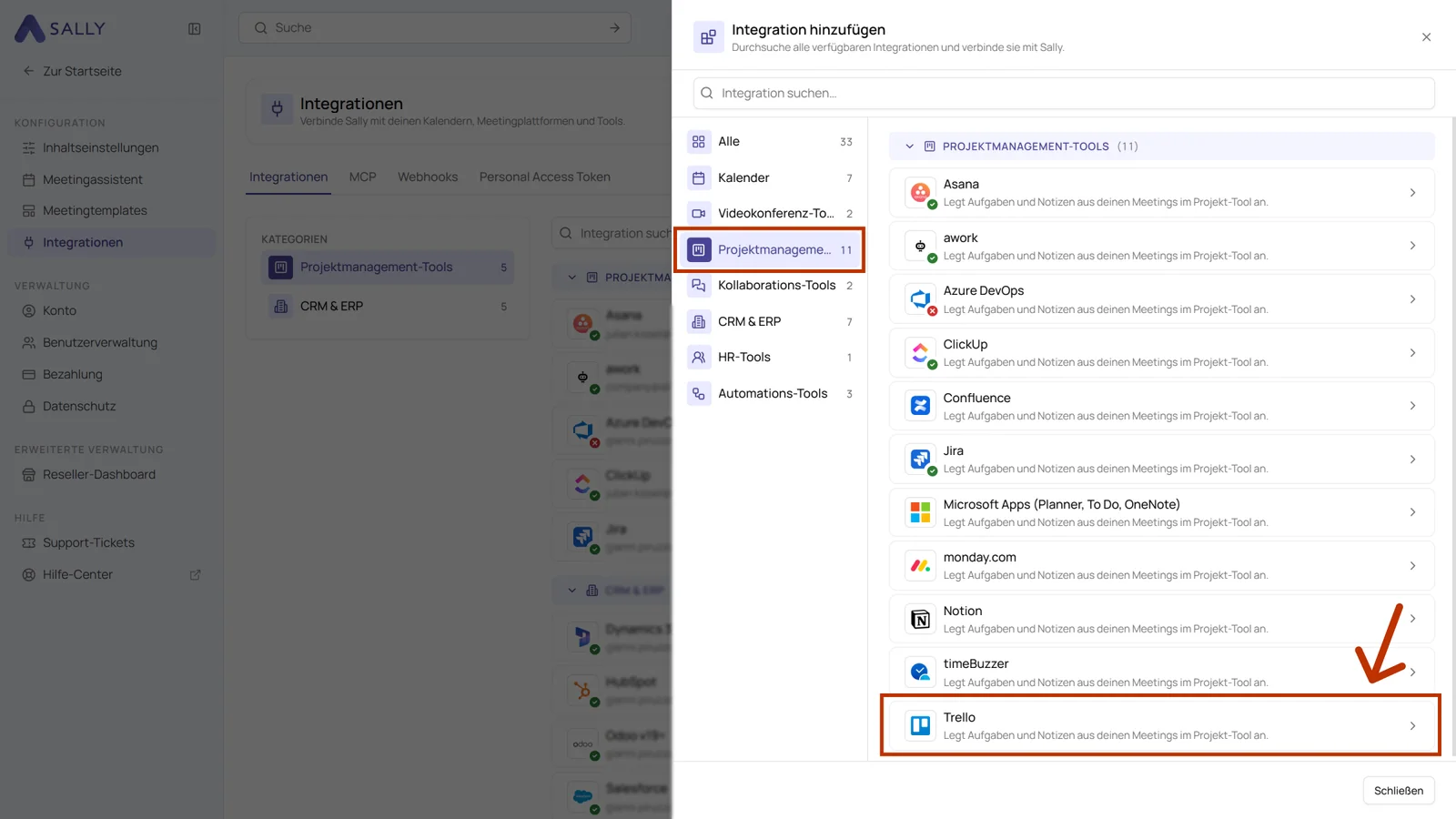 Dialog Integration hinzufügen mit der Kategorie Projektmanagement-Tools und dem hervorgehobenen Eintrag Trello