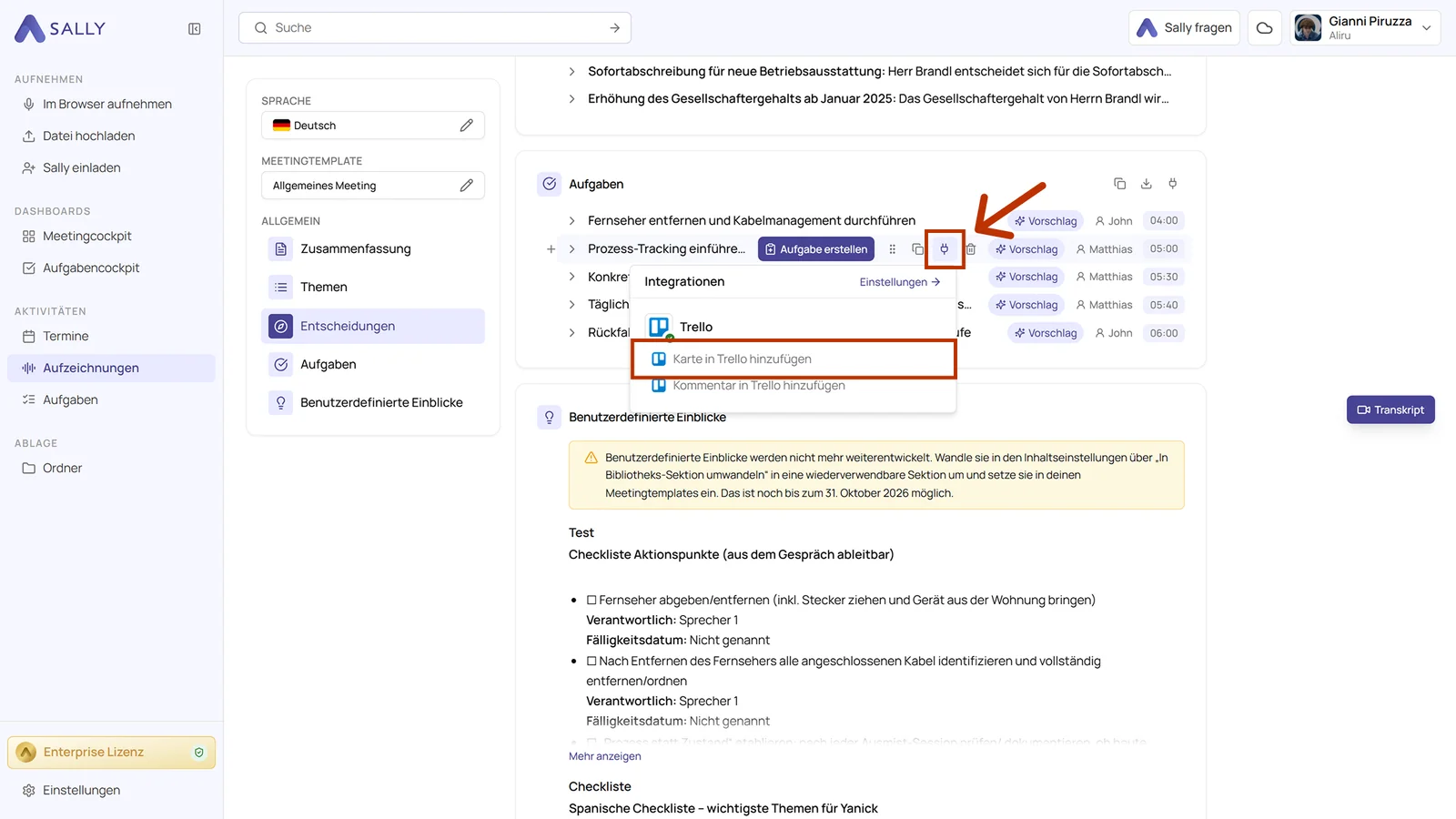 Aufzeichnung in Sally mit geöffnetem Integrationen-Menü und der markierten Aktion Karte in Trello hinzufügen