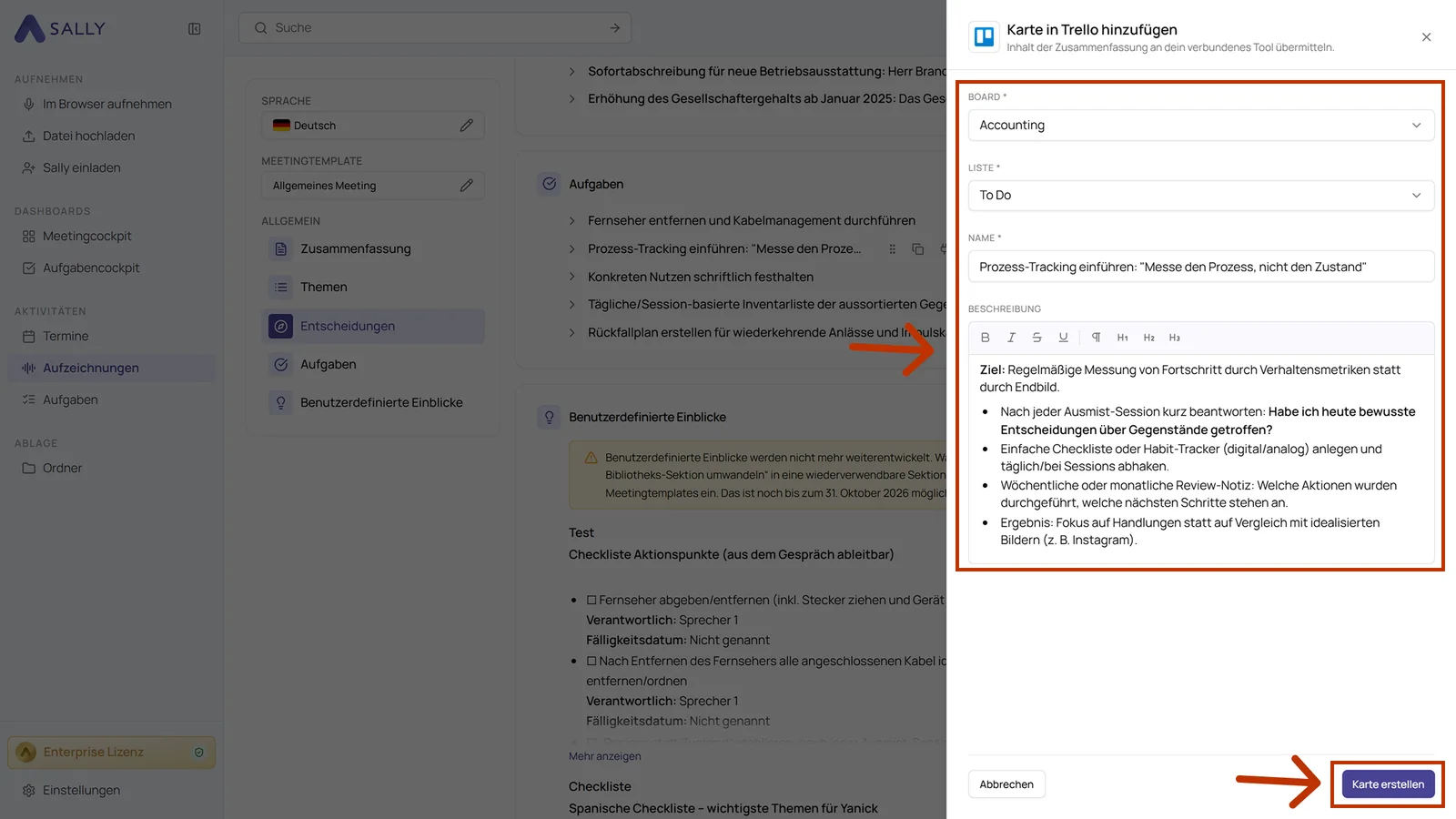 Panel Karte in Trello hinzufügen mit Board, Liste, Name und der vorbelegten Beschreibung
