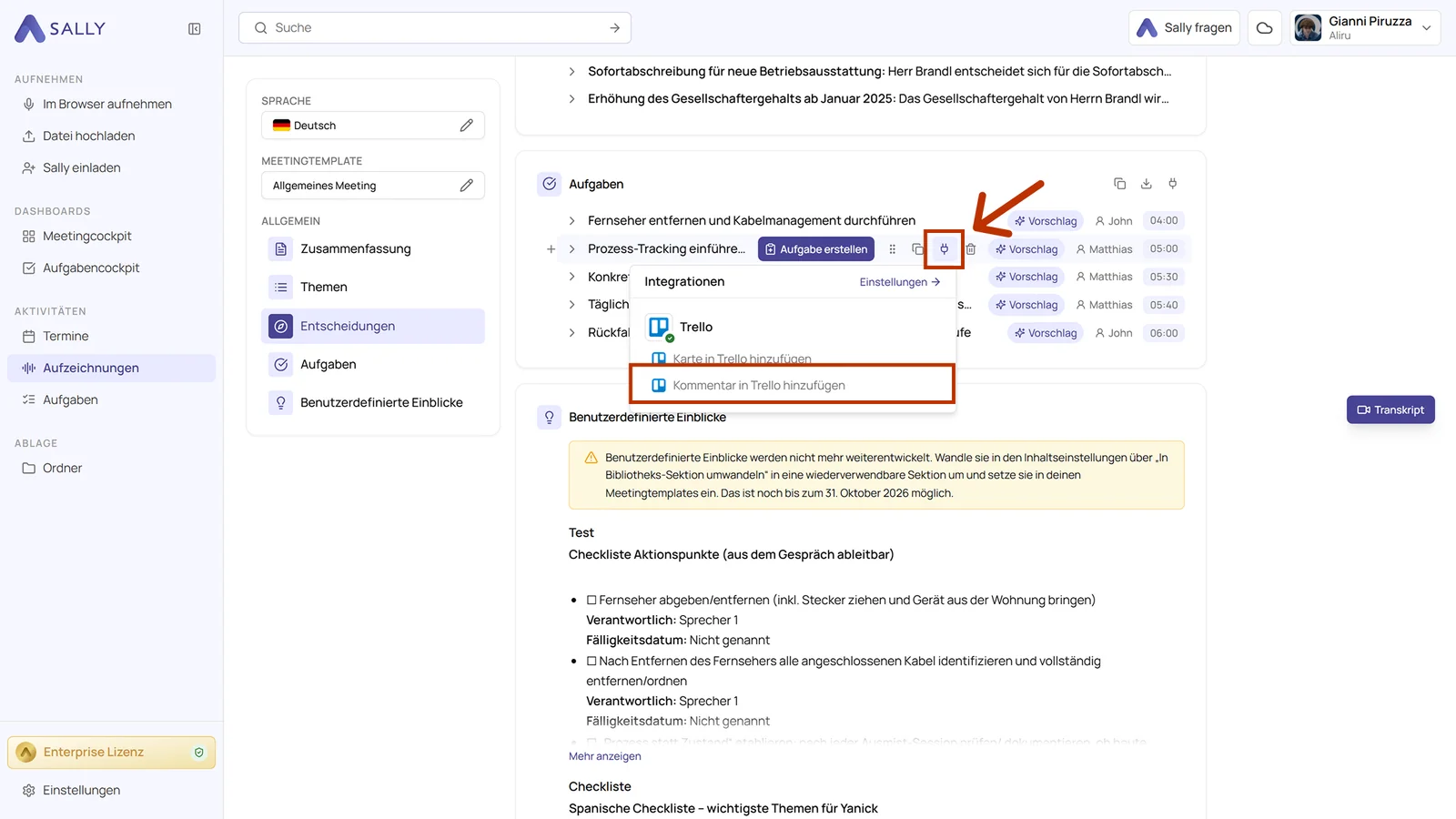 Aufzeichnung in Sally mit geöffnetem Integrationen-Menü und der markierten Aktion Kommentar in Trello hinzufügen