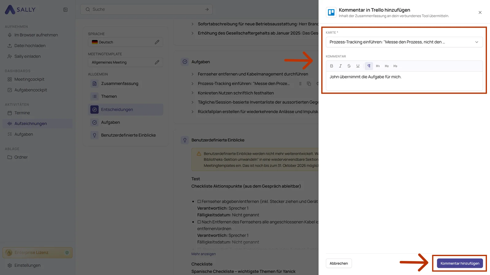 Panel Kommentar in Trello hinzufügen mit der Kartenauswahl und dem vorbelegten Kommentar