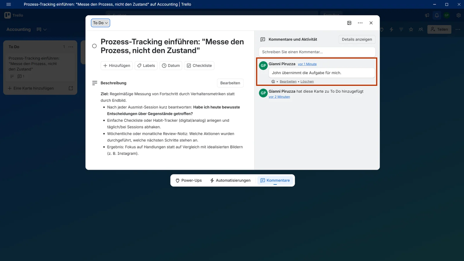 Kommentar aus Sally im Bereich Kommentare und Aktivität einer Trello-Karte