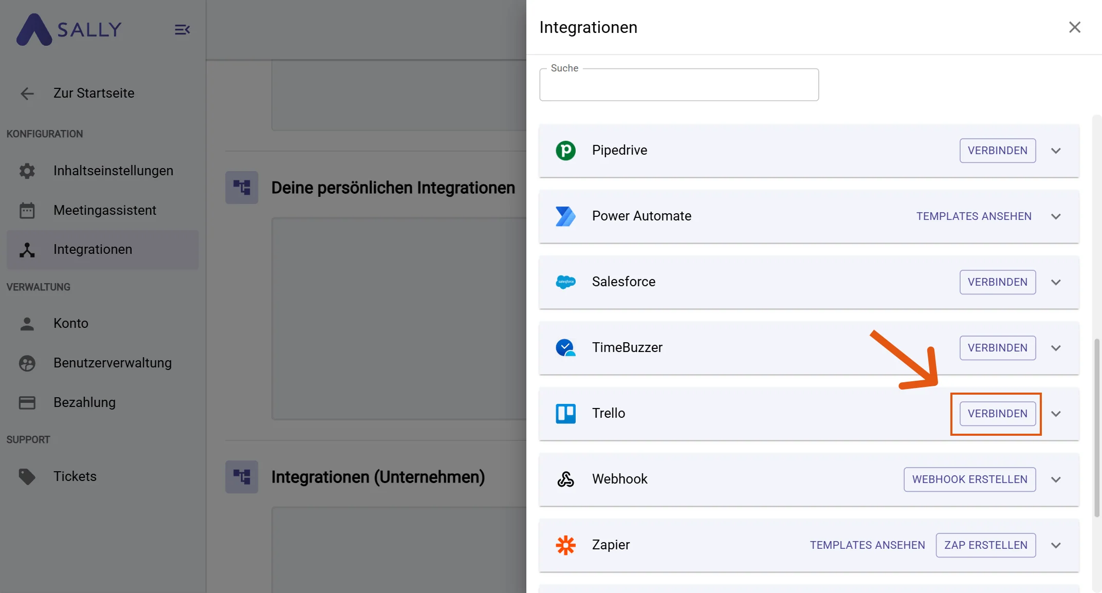 Trello in der Integrationsliste mit Verbinden-Button