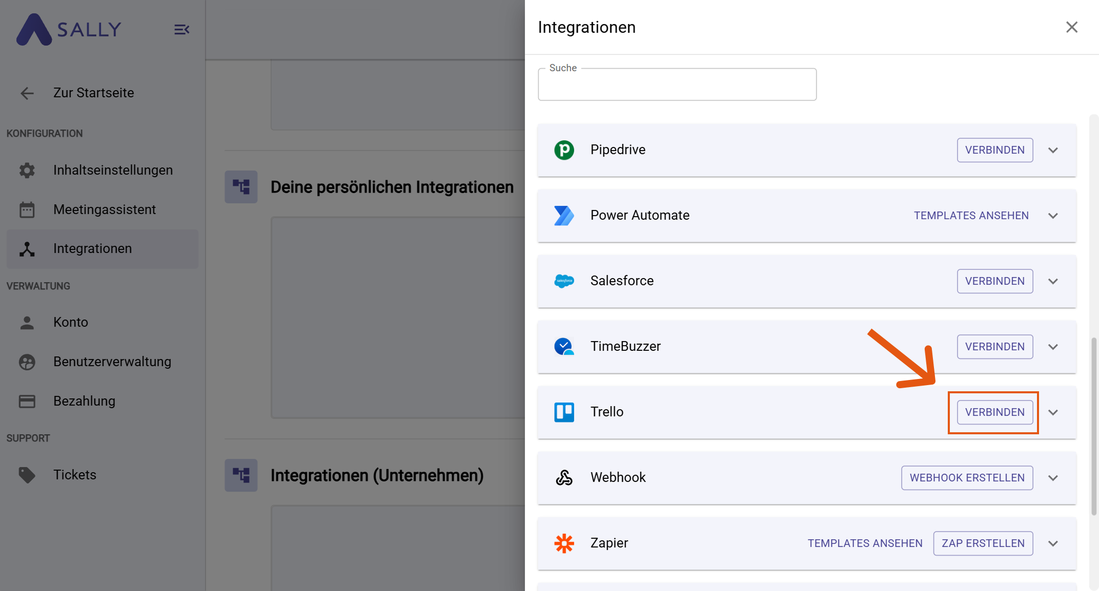 Trello in der Integrationsliste mit Verbinden-Button