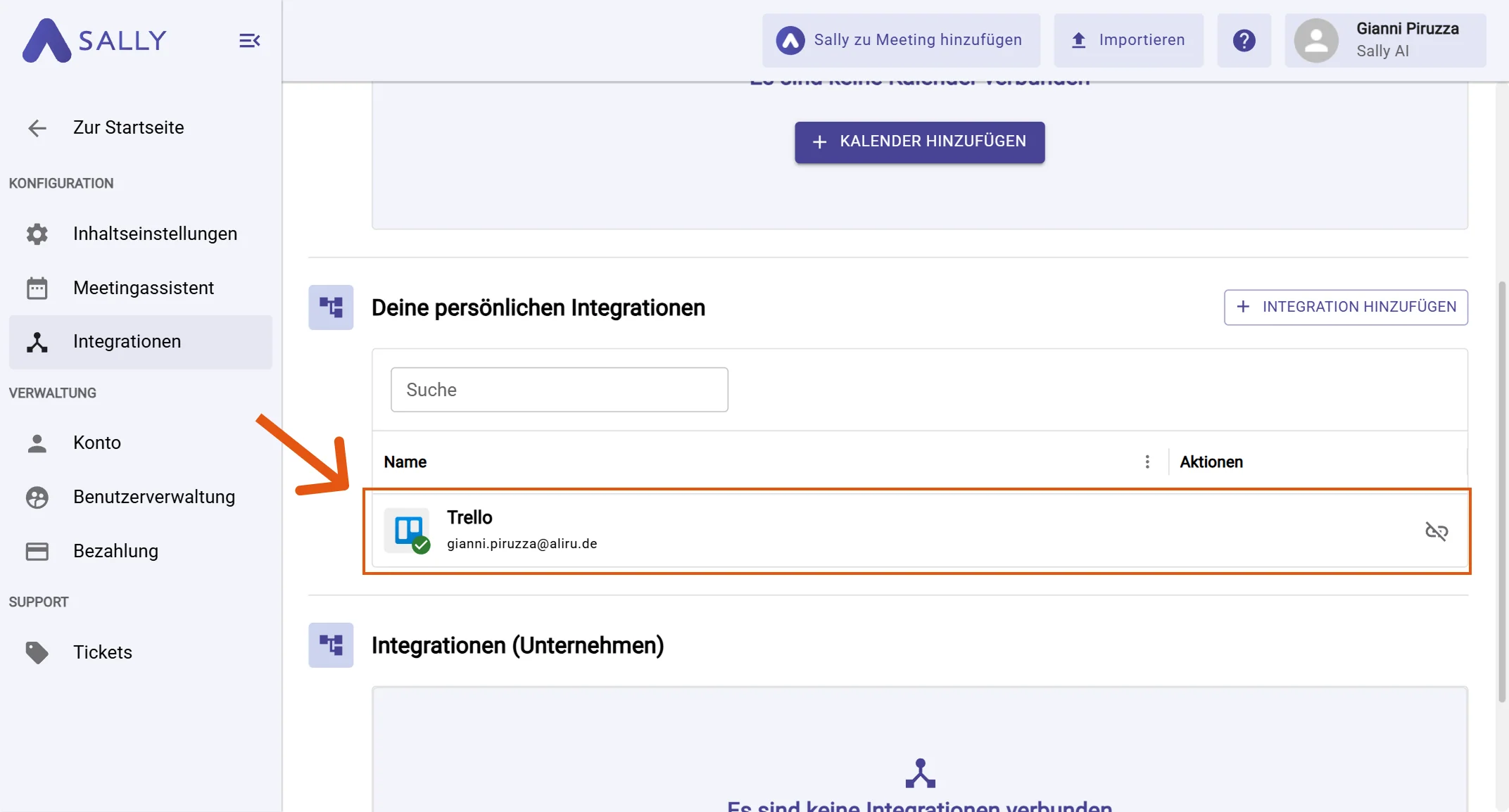 Trello wird unter den persönlichen Integrationen angezeigt