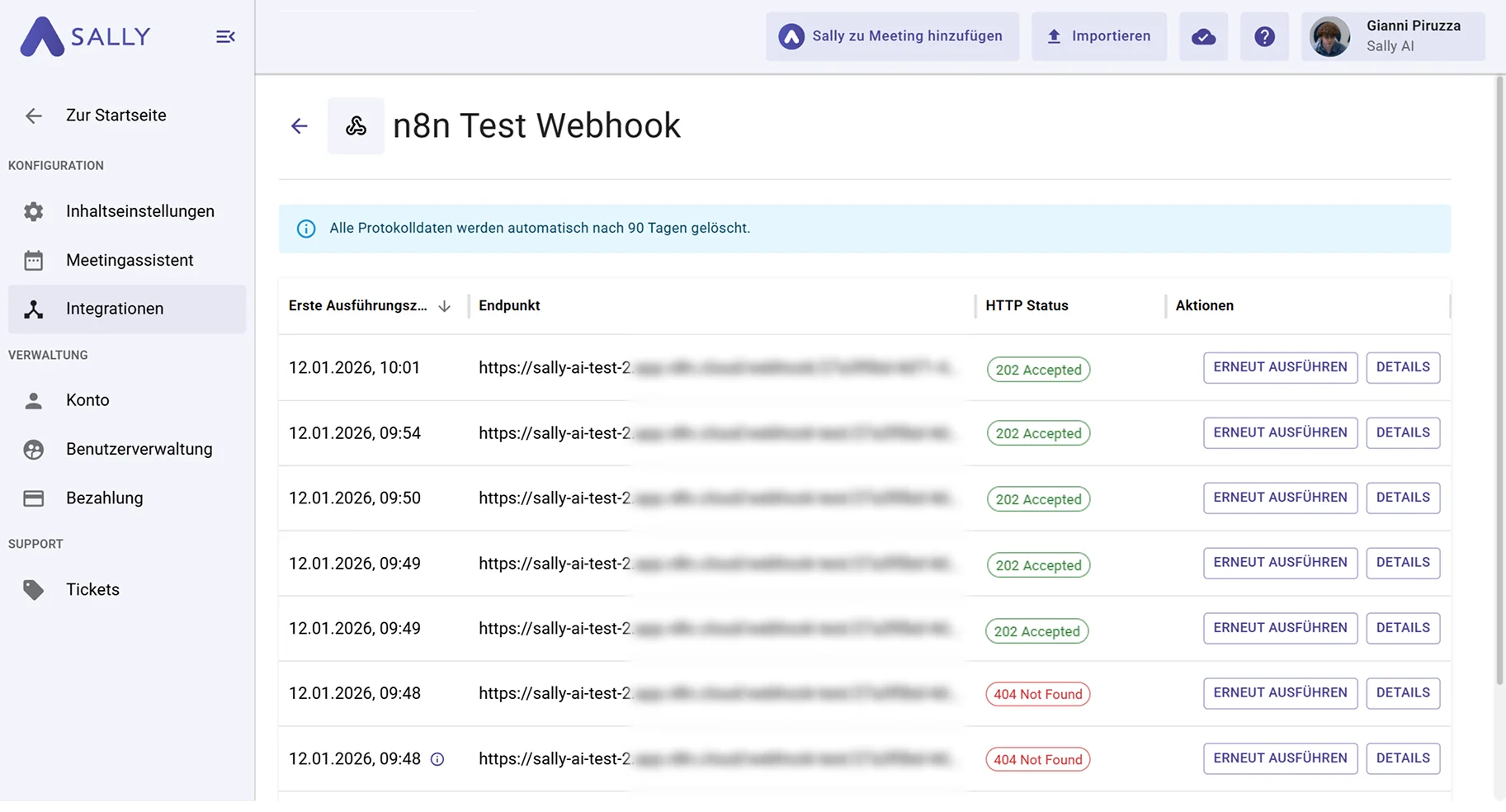 Webhook Logübersicht in Sally