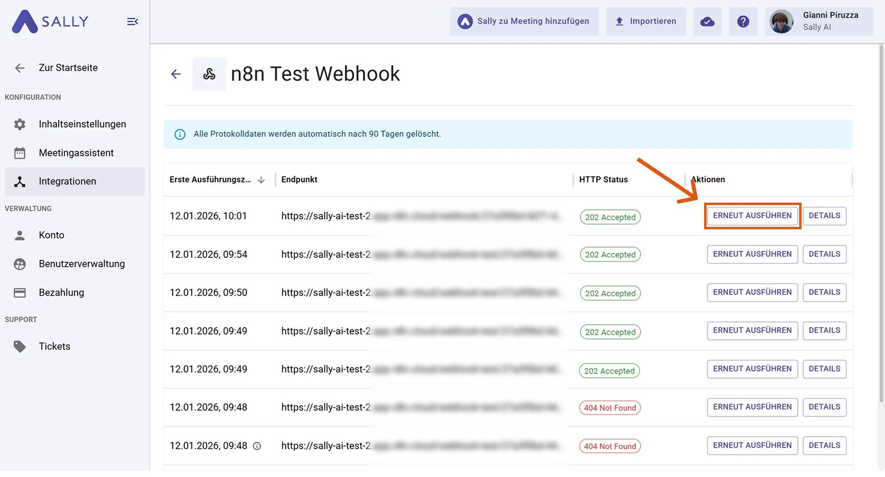 Webhook Log erneut ausführen