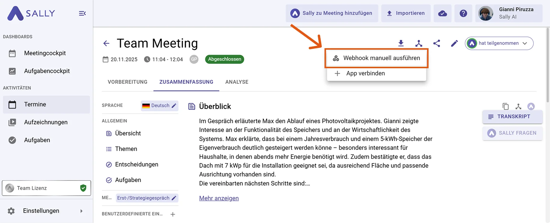 Logeintrag nach manuellem Webhook-Auslösen