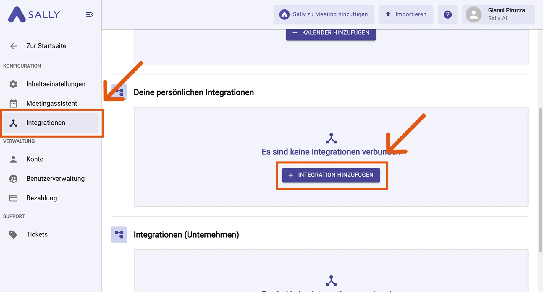 Integrationen aufrufen: persönliche oder unternehmensweite Integration wählen
