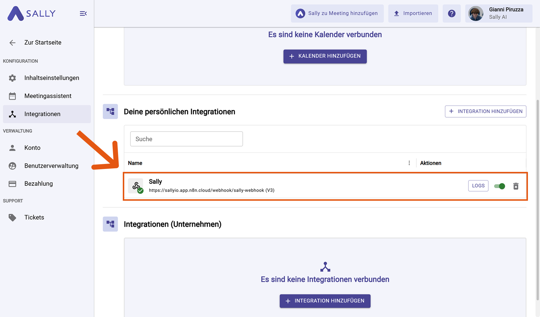 Webhook erfolgreich in Sally Integrationen aufgelistet