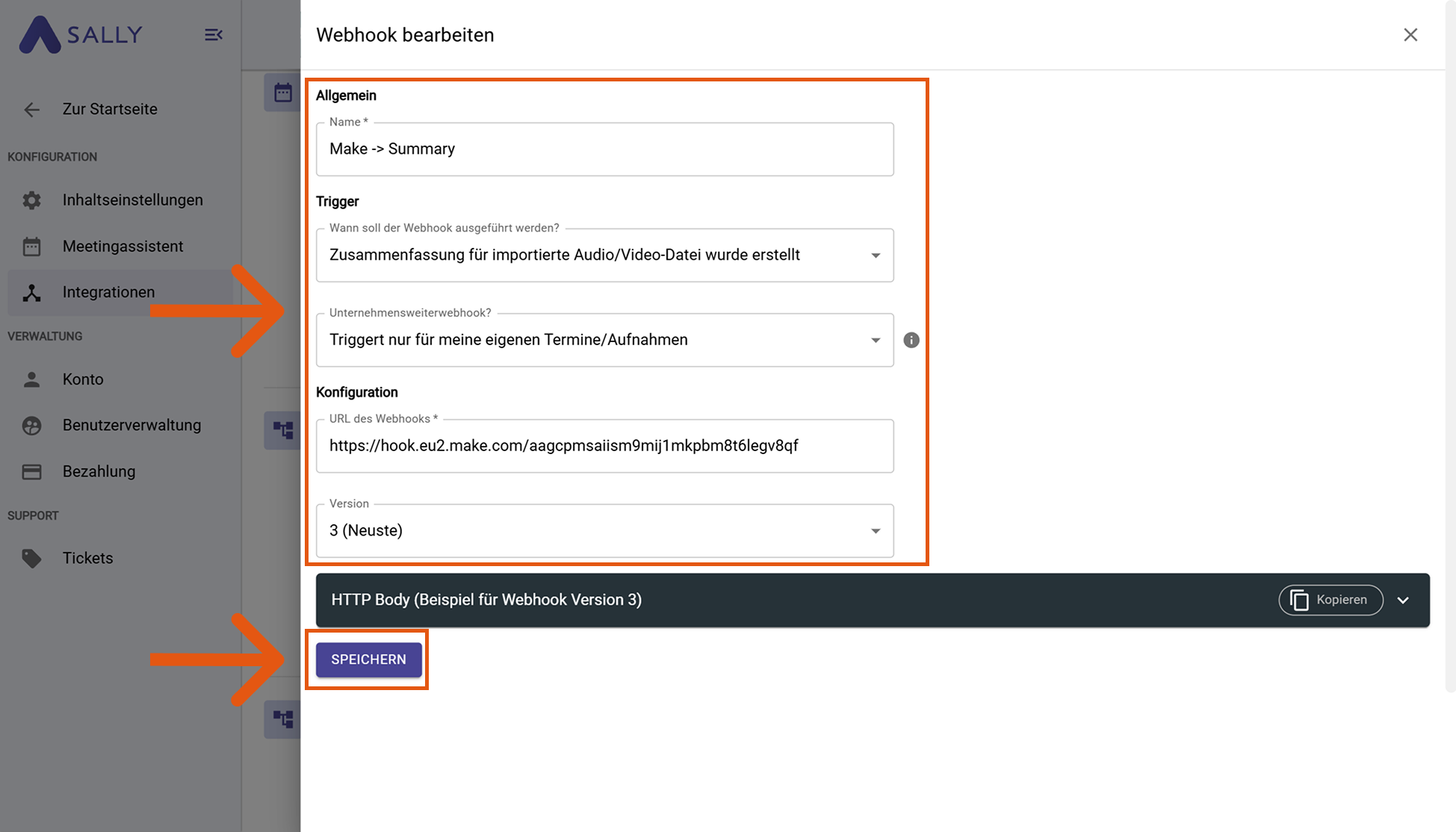 Erstellen-Dialog für Webhook in Sally mit hervorgehobenen Feldern