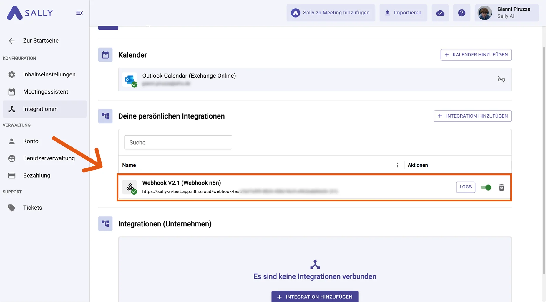 Sally Integrationsliste mit dem neu erstellten Webhook im Status 'aktiv'