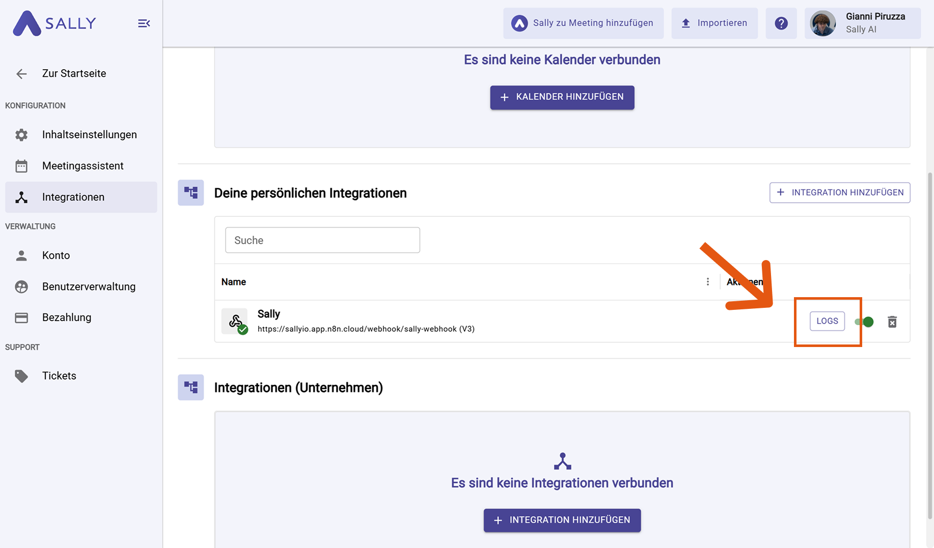 Webhook Logs in Sally mit hervorgehobener Schaltfläche
