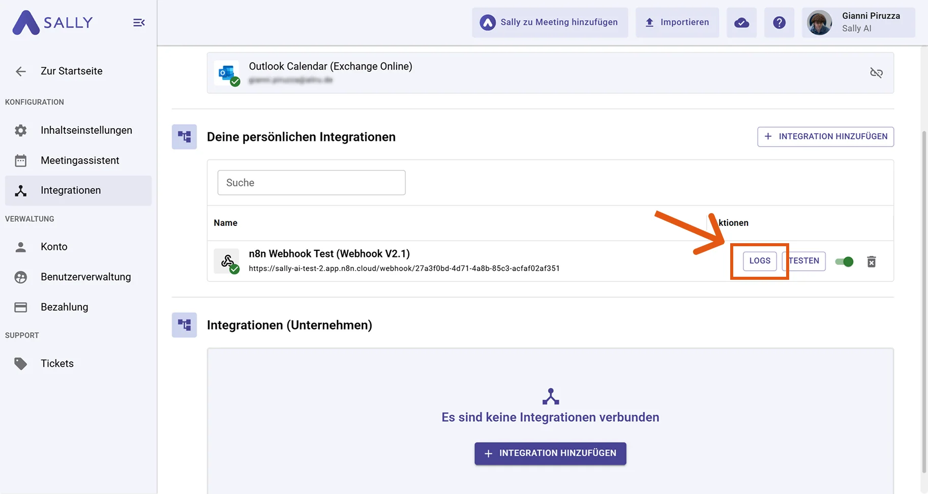 Webhook Logs in Sally öffnen