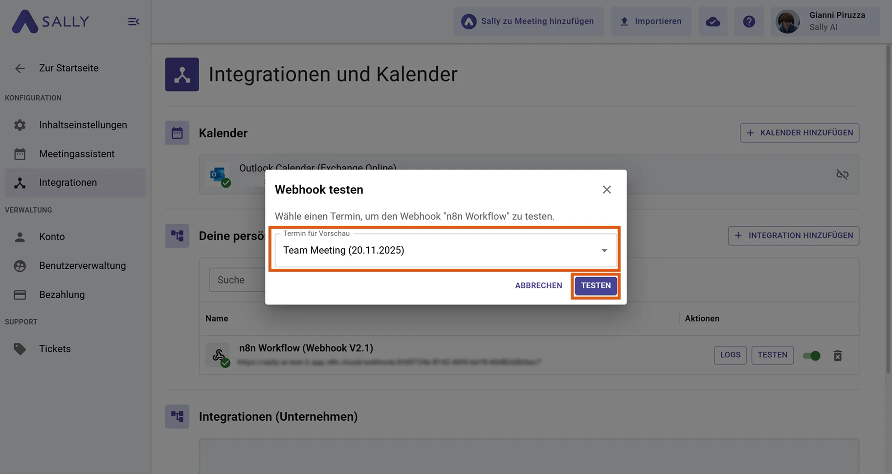 Testen eines Webhooks in Sally