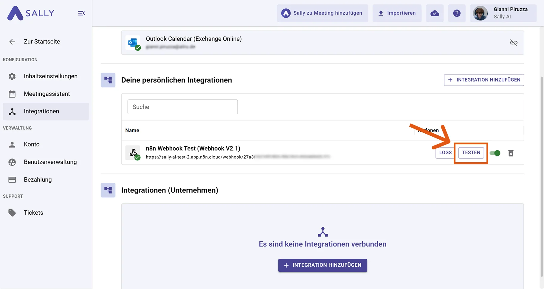 Webhook testen in Sally