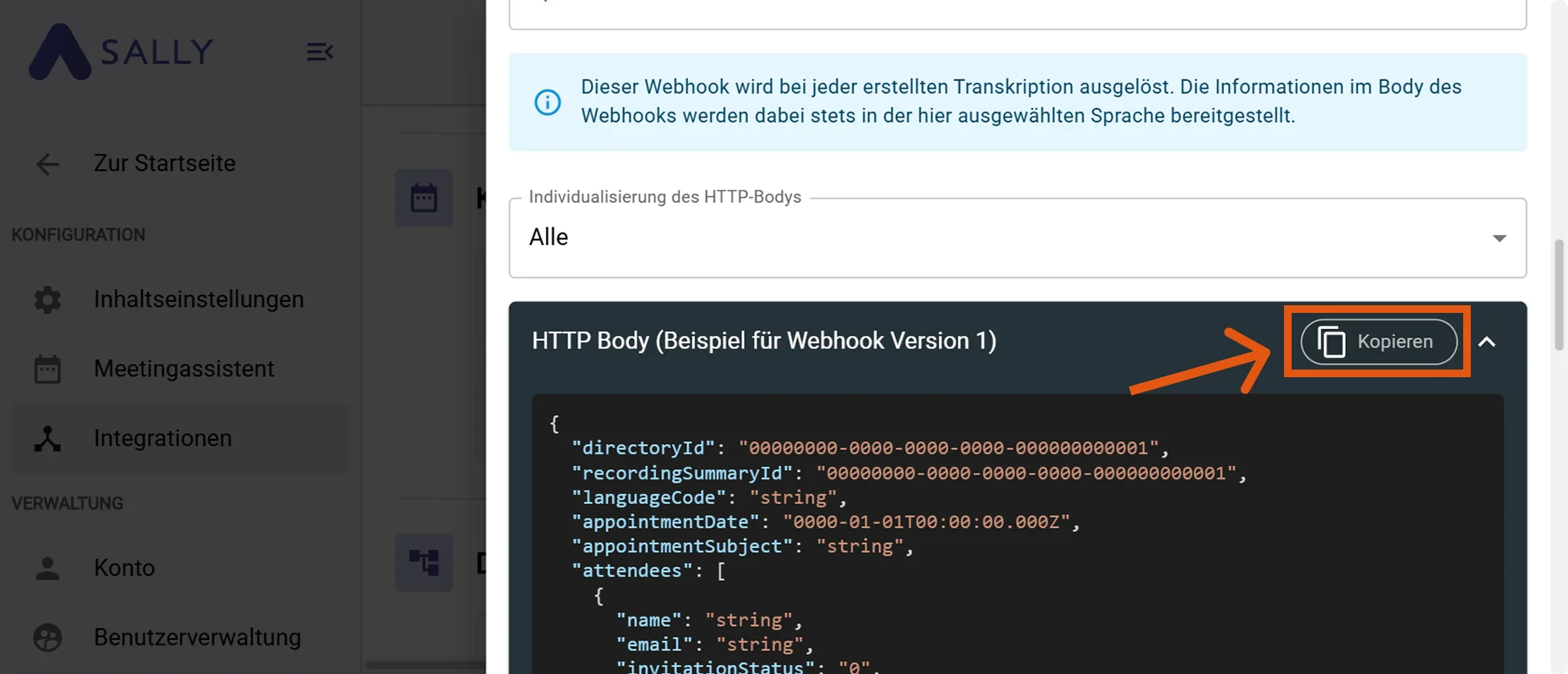 Sally Webhook-Editor mit JSON-Body-Vorschau und Kopieren-Button