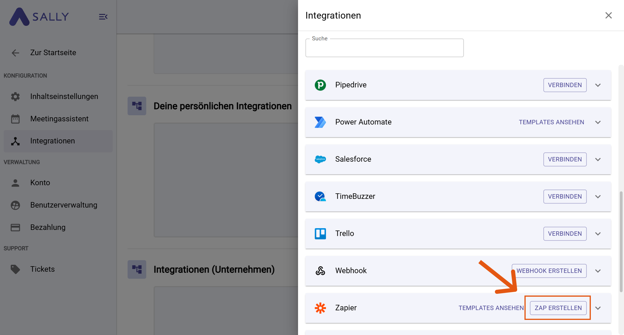 Zapier-Option in Sally mit hervorgehobenem Zap erstellen
