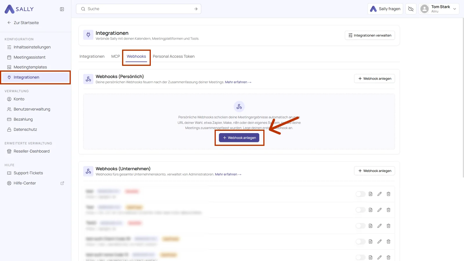 Reiter Webhooks in den Integrationen mit dem markierten Button Webhook anlegen
