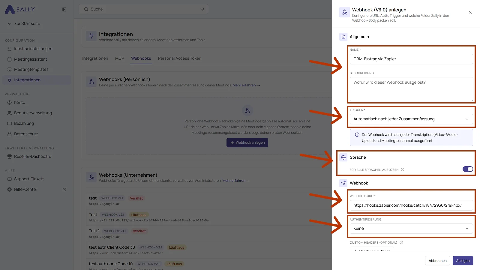 Dialog Webhook anlegen mit Name, Beschreibung, Trigger, Sprache, Webhook-URL und Authentifizierung
