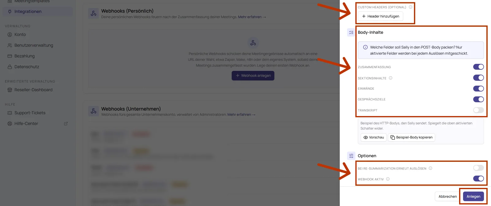 Unterer Teil des Dialogs mit Custom Headers, Body-Inhalten, Beispiel-Body und Optionen