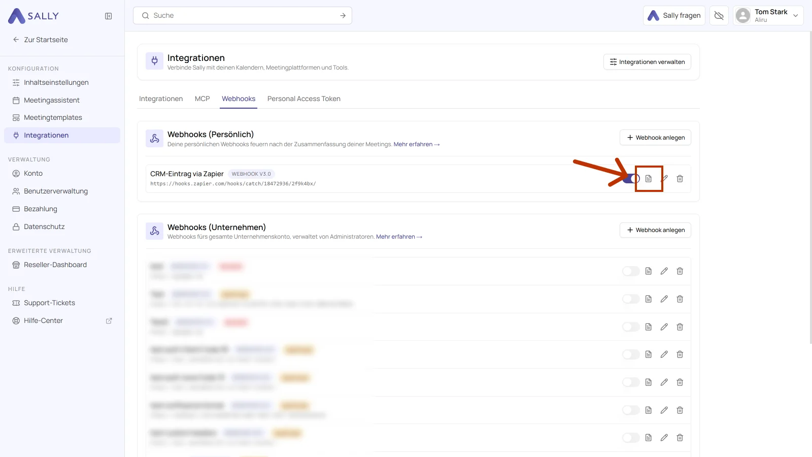 Liste der persönlichen Webhooks mit dem markierten Dokument-Symbol für die Logs