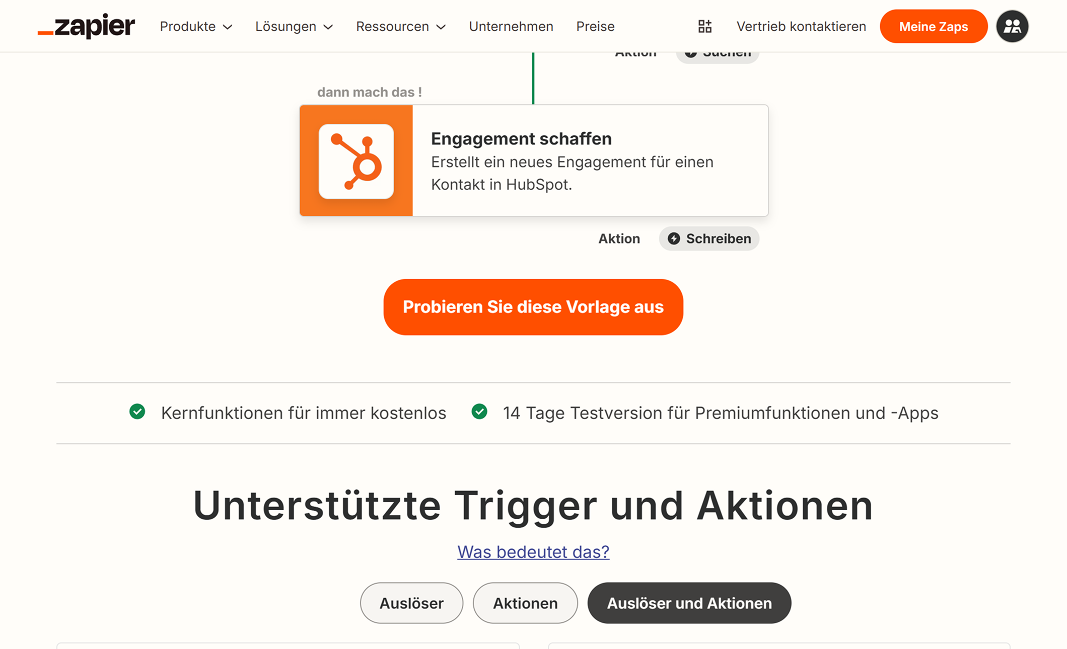 Zapier Oberfläche mit hervorgehobener Schaltfläche Try this template