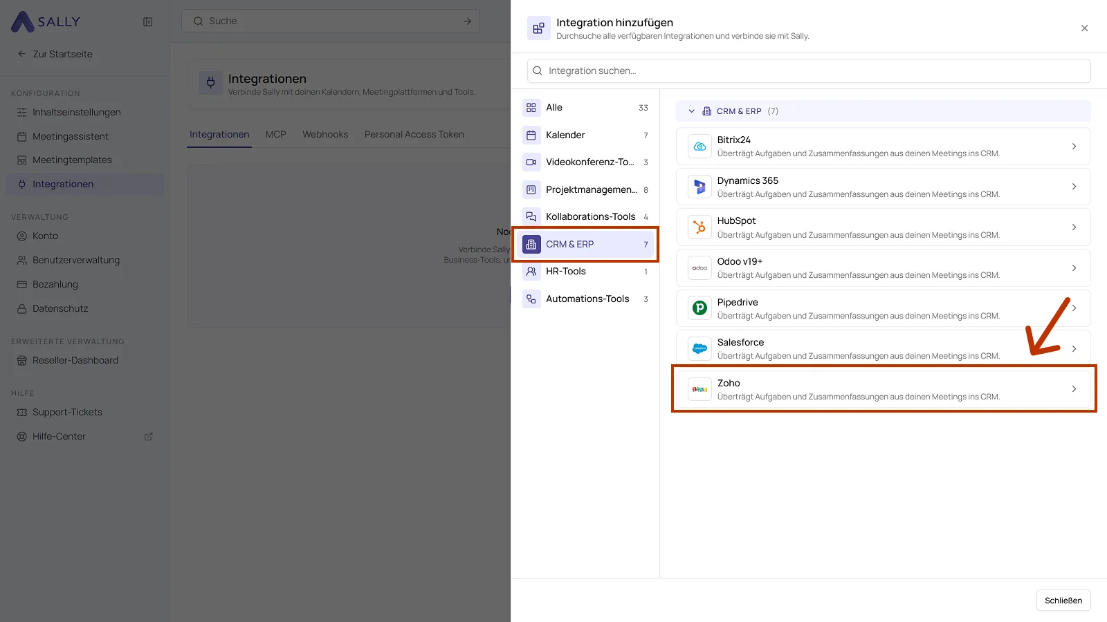 Liste der Integrationen mit der Kategorie CRM und ERP und dem hervorgehobenen Eintrag Zoho