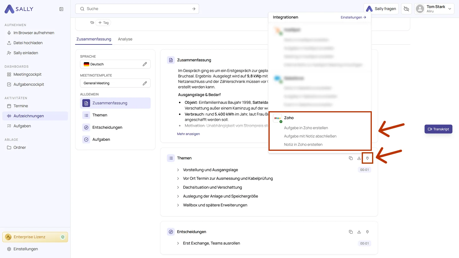 Aufzeichnung in Sally mit geöffnetem Integrationen-Menü und den drei Aktionen von Zoho