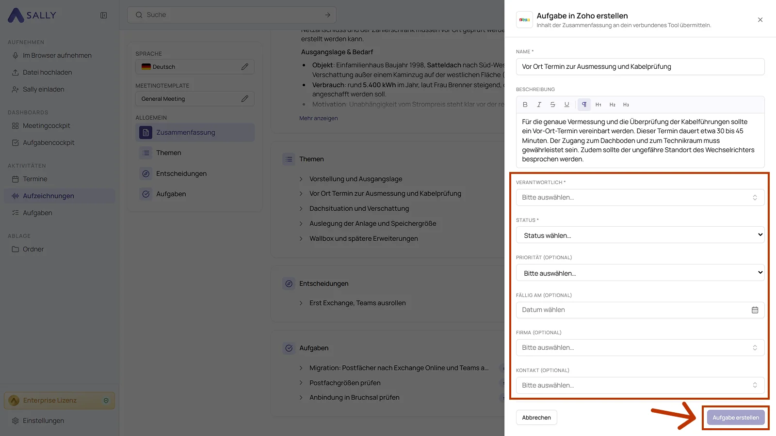Panel Aufgabe in Zoho erstellen mit Name, Beschreibung, Verantwortlich, Status, Priorität, Fällig am, Firma und Kontakt