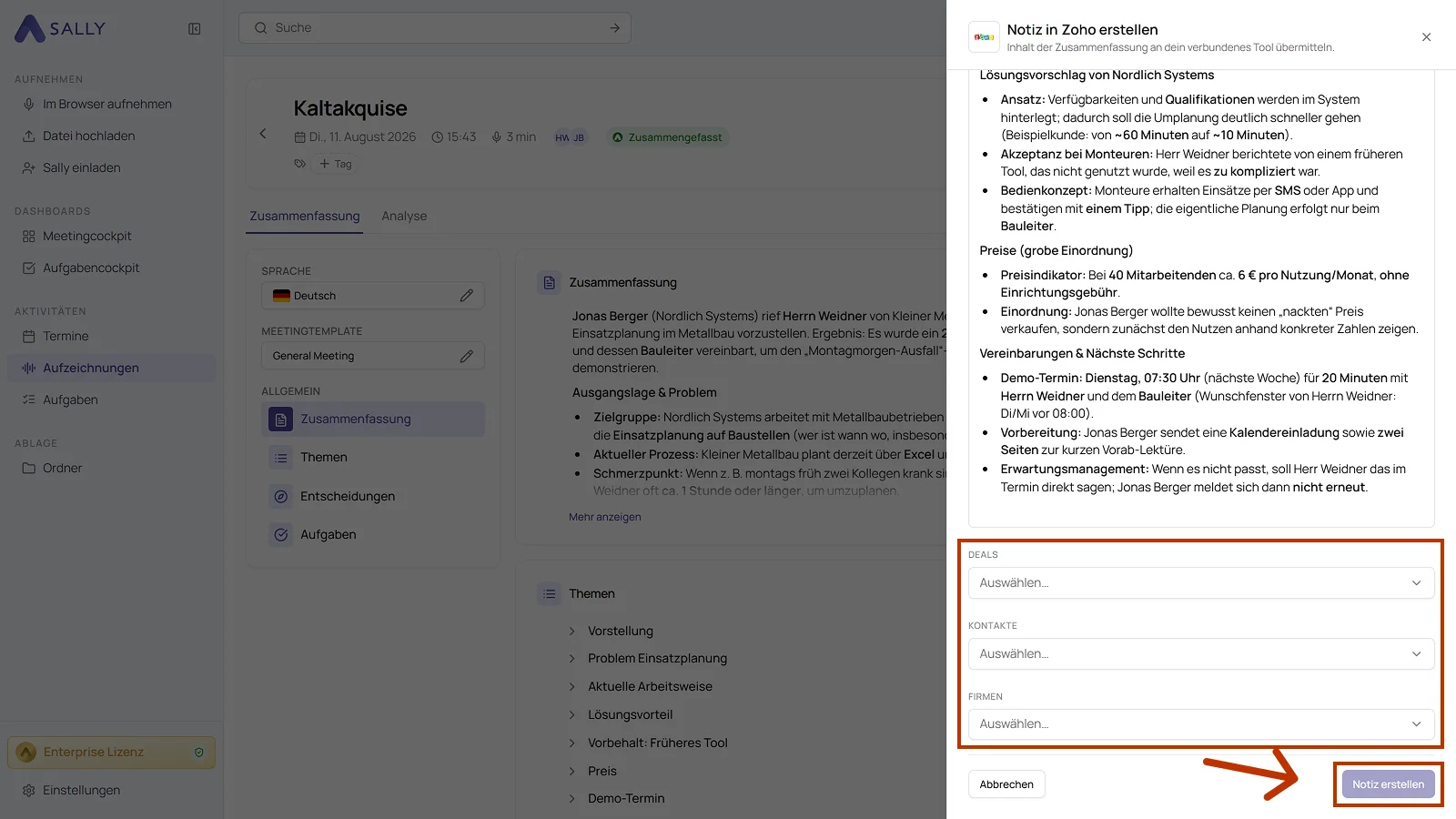 Panel Notiz in Zoho erstellen mit dem vorbelegten Inhalt und den Feldern für Deals, Kontakte und Firmen