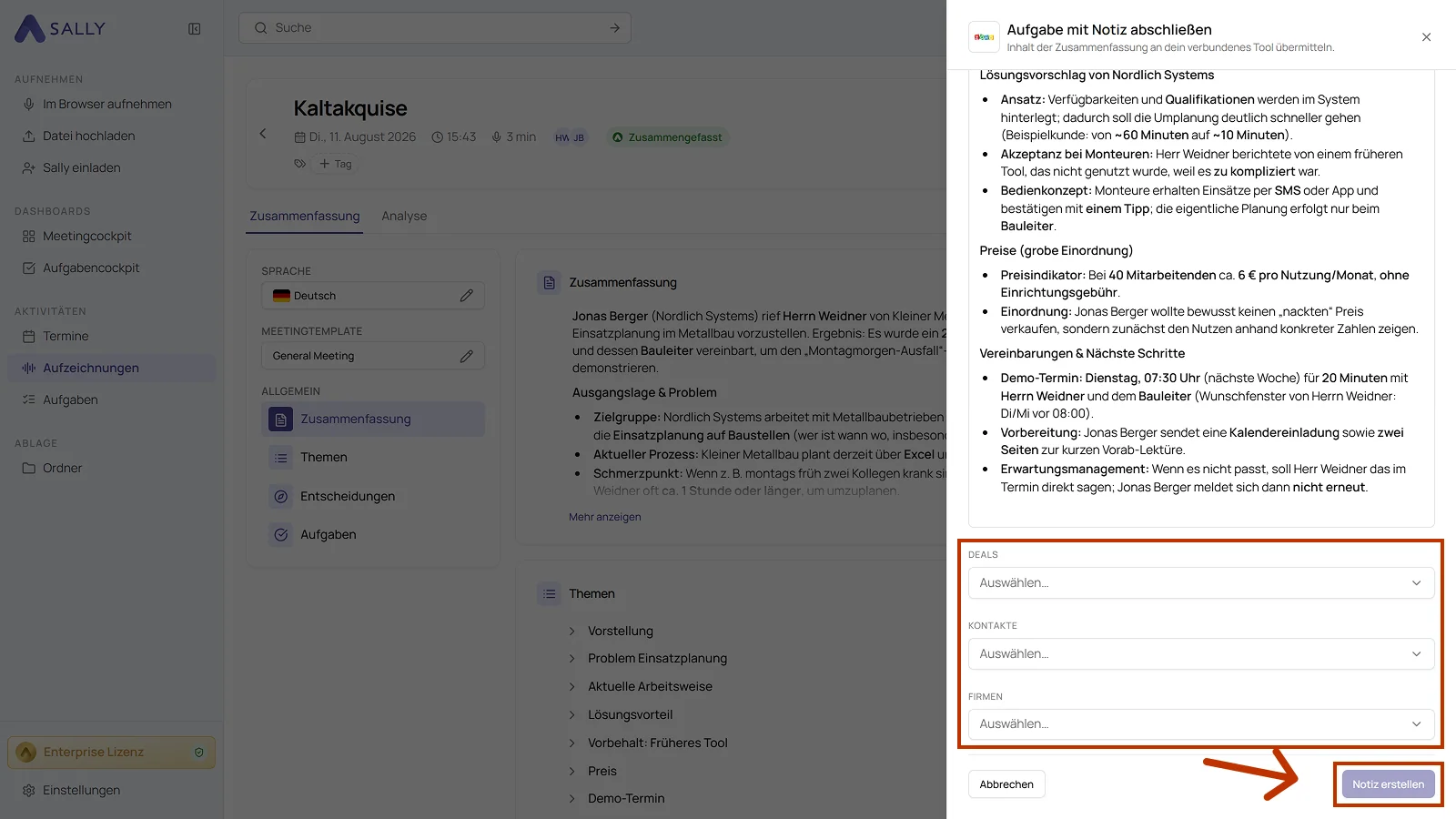 Panel Aufgabe mit Notiz abschließen mit dem vorbelegten Text der Notiz und den Feldern für den Datensatz