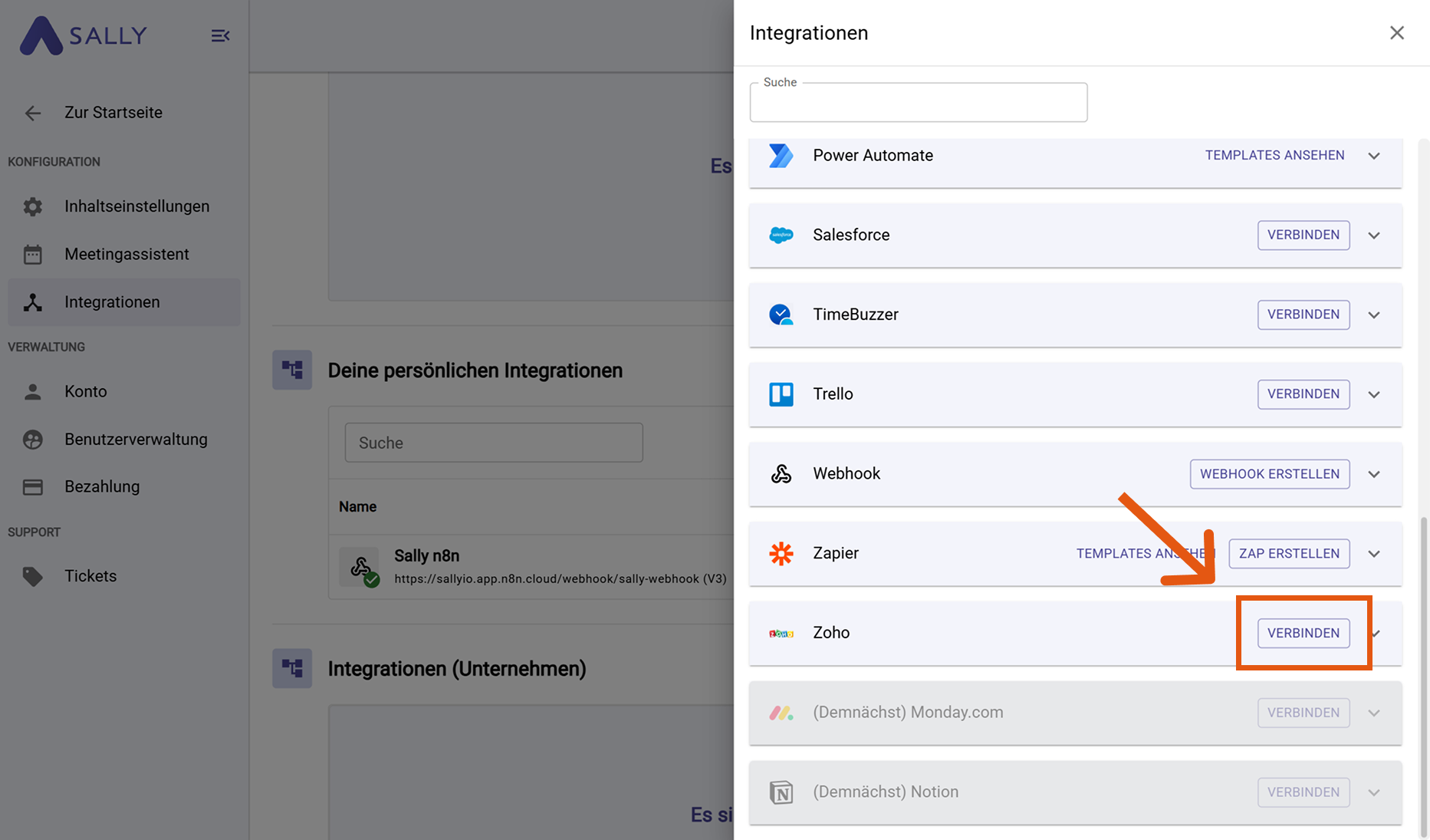 Zoho im Integrationsmenü auswählen