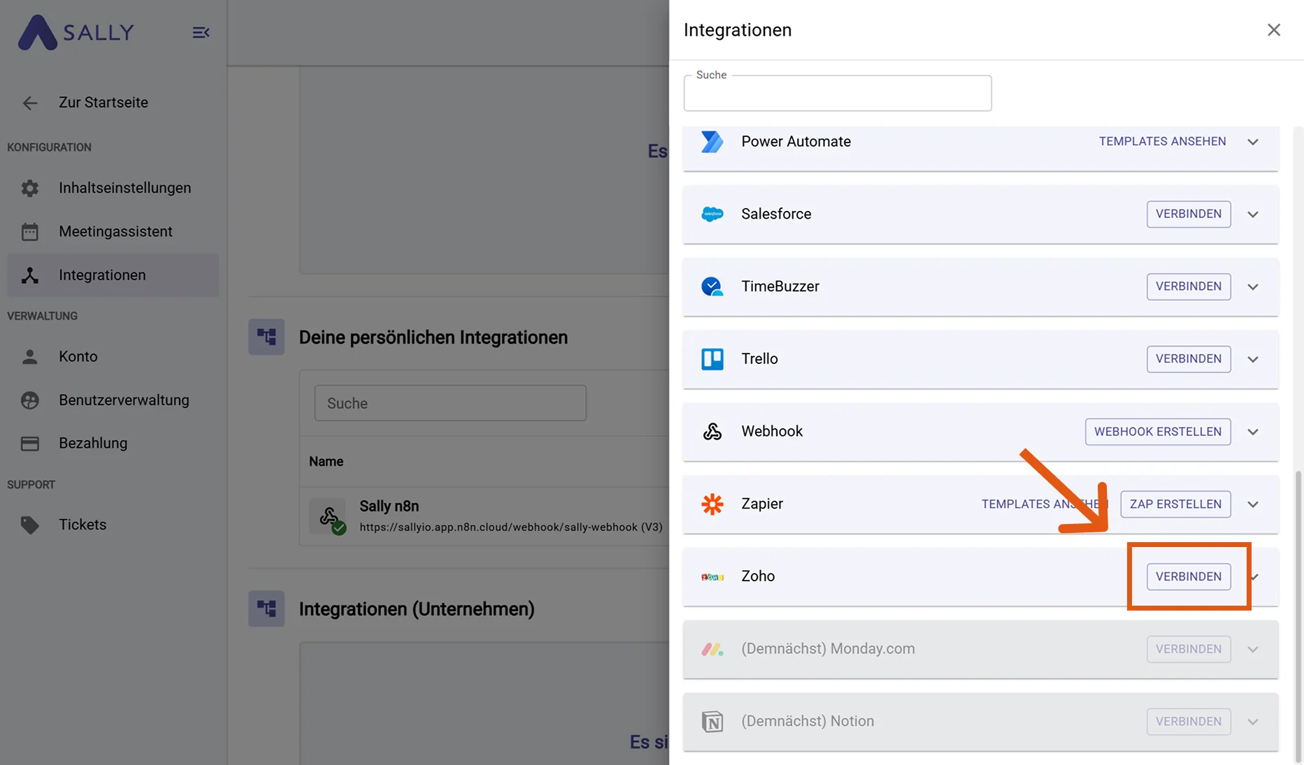 Zoho im Integrationsmenü auswählen