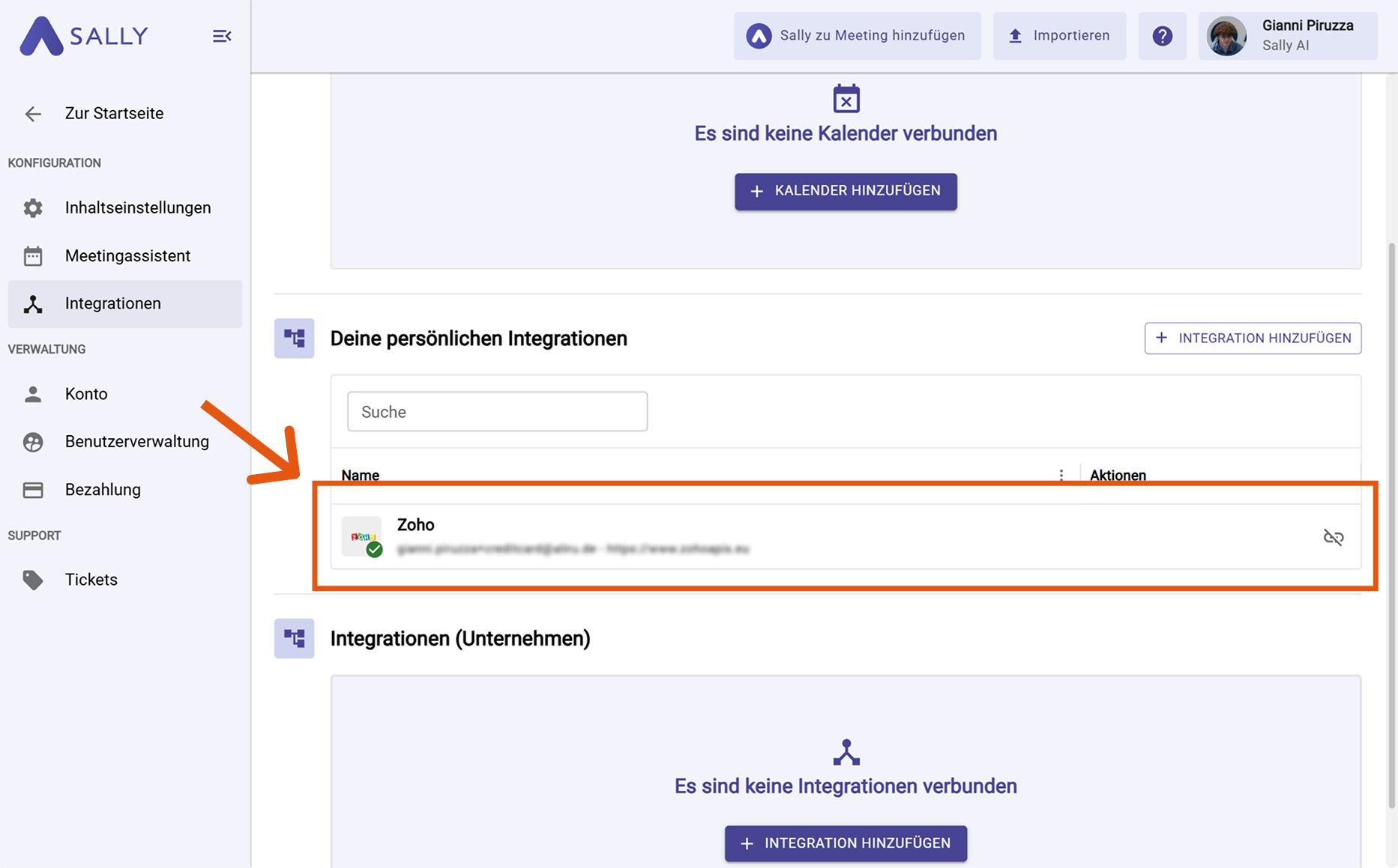 Zoho unter deinen persönlichen Integrationen aufgelistet